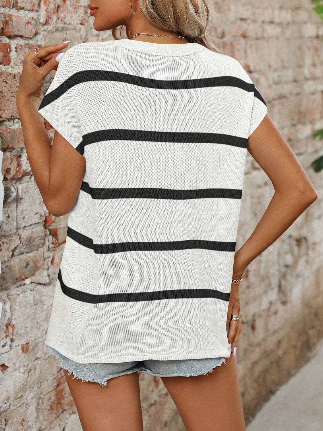 Chic striped knit top - round neck, short sleeves - Love Salve